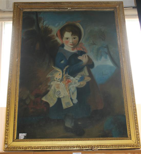 Painting, Young girl in blue with a basket and rabbit(-)